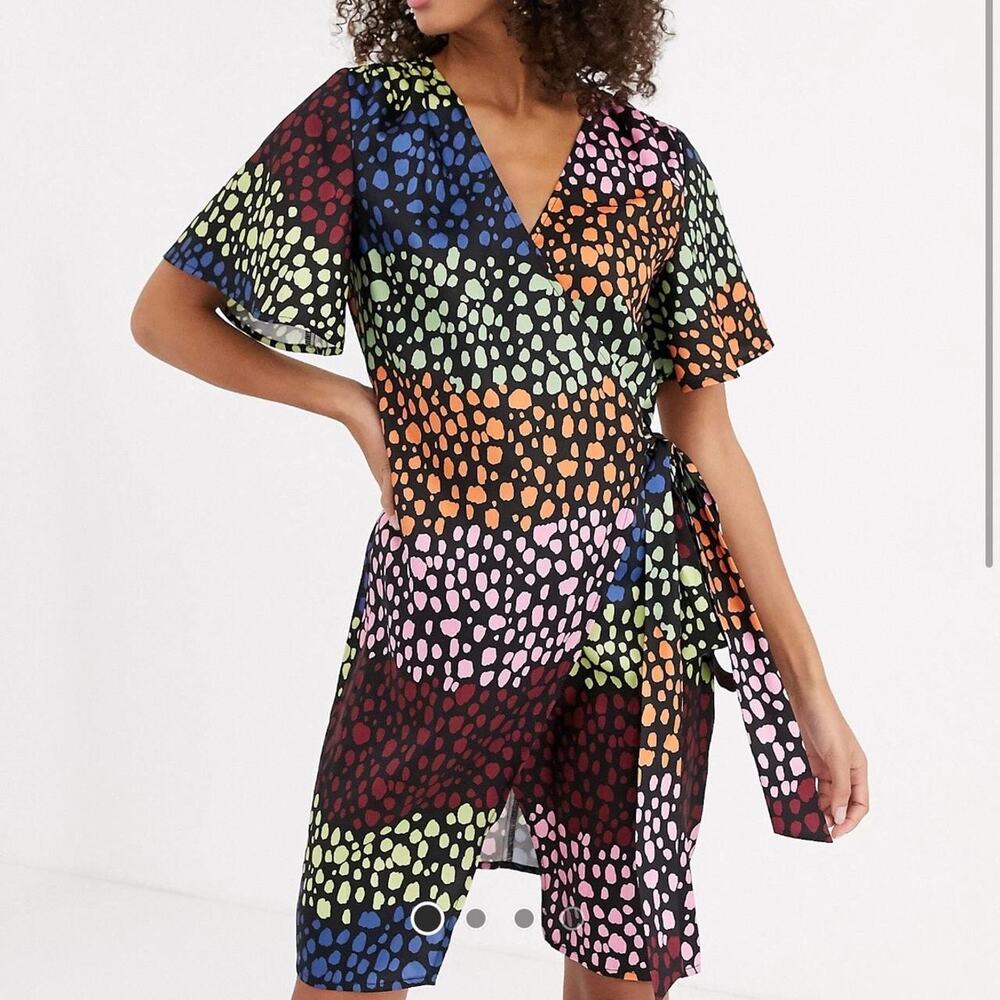 Never Fully Dressed Multicolor Animal Print Wrap Midi Dress Sz 8 Satin